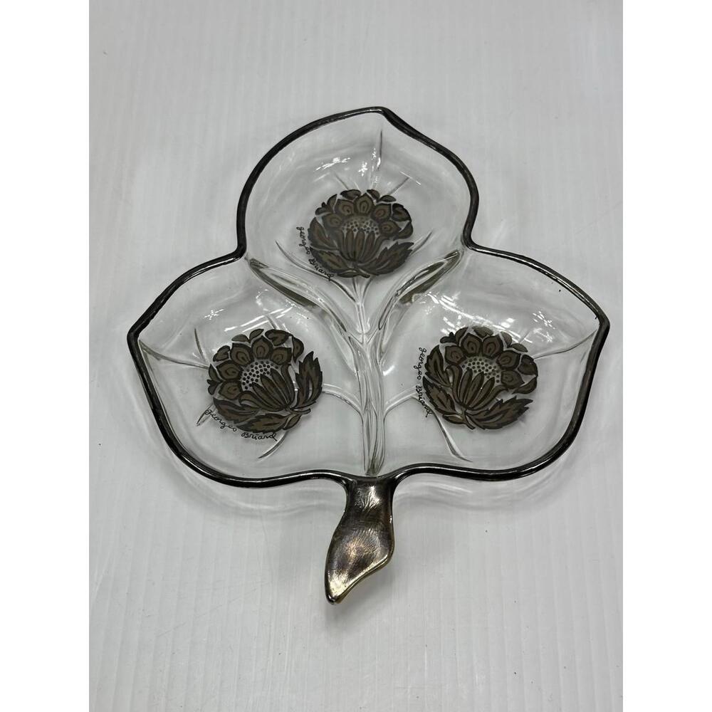 RARE Georges Briard Signed MCM Leaf Shaped Divided Glass Tray Candy Nut Dish